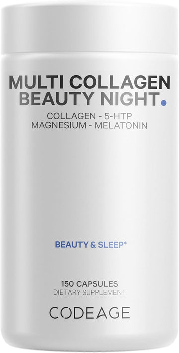 Codeage Multi Collagen Protein Beauty Night - Melatonin, Magnesium Bisglycinate, 5-Htp, L-Theanine, English Lavender Flower, Bone Broth - Vitamins - Supplement - Sleep Pills - Non-Gmo - 150 Capsules
