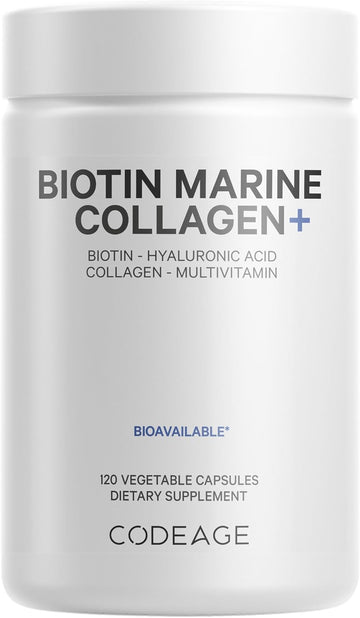 Codeage Marine Collagen Peptides β Hydrolyzed Fish Collagen Protein Supplement, 10,000Mcg Biotin Collagen, Vitamin C, E, Hyaluronic Acid Amino Acid - Hair, Skin, Joint, Wild-Caught Fish - 120 Capsules