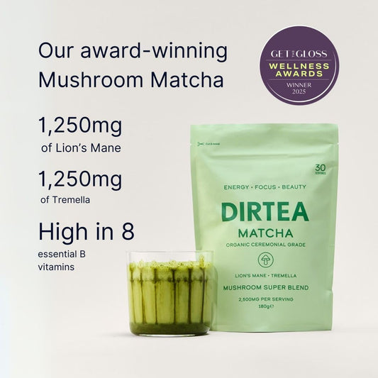 Dirtea Matcha Powder - 100% Organic Ceremonial Grade Matcha From Japan - Mushrooms Super Blend Tea With Lions Mane & Tremella - 2,500Mg Per Serving - Vegan & Non Gmo - 180G - 30 Servings