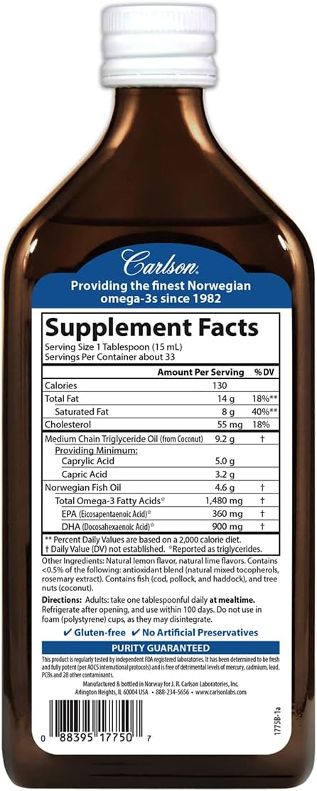 Carlson - Mct & Omega-3, 1480 Mg Omega-3S, 9200 Mg Mcts, Keto-Friendly, Caprylic & Capric Acids, Energy Production, Fat Metabolism, Lemon-Lime, 500 Ml (16.9 Fl Oz)