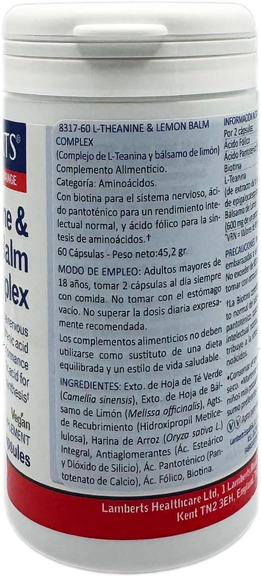 Lamberts Theanine & Lemon Balm Complex 60 Capsules For Relaxation