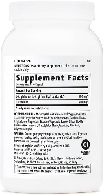Gnc L Arginine + L Citrulline 500Mg Each Supplement, Supports Nitric Oxide Production And Healthy Blood Vessel Tone, 120 Servings