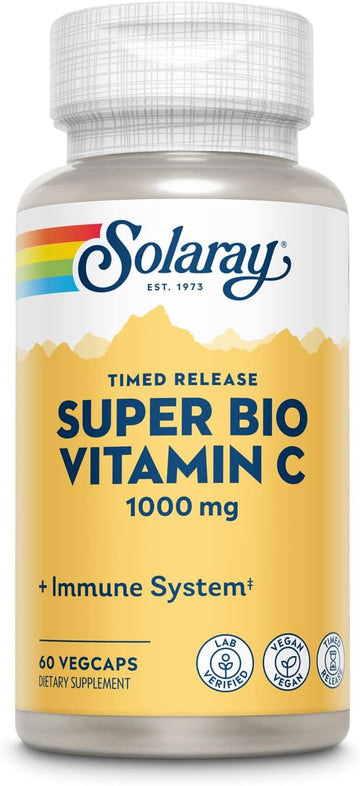 Solaray Super Bio Buffered Vitamin C 1000Mg, Two-Stage, Timed Release Vitamin C With Bioflavonoids, Immune Support Supplement - High Absorption, Vegan, 60 Day Guarantee, 30 Servings, 60 Vegcaps
