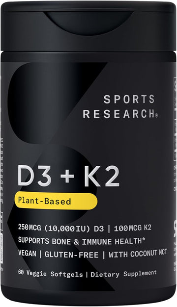 Sports Research® Vitamin D3 + K2 With Coconut Oil | Vegan D3 10,000Iu (250Mcg) & Plant Based Vitamin K2 (100Mcg) Supplement | Vegan Certified, Soy & Gluten Free