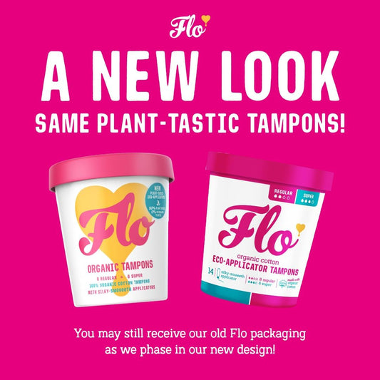 Flo Organic Cotton Applicator Tampons – Super Absorbent, Soft, Smooth Applicator - Combo Pack 36 Regular & 28 Super Tampons