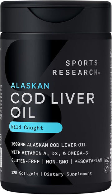 Sports Research® Omega-3 Wild Alaskan Cod Liver Oil 1000Mg With Vitamins A (1000 Iu) & D3 (400 Iu) - Burpless, Bovine Free, Non-Gmo, & Msc Certified Sustainable - 120 Softgels