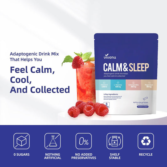 Calm & Sleep Powdered Drink Mix Raspberry L Theanine Ksm-66 Ashwagandha Magnesium Glycinate Vitamin D 3 Supplements For Relaxation & Focus (Vsc_M2)