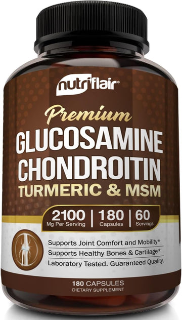 Nutriflair Glucosamine Chondroitin Turmeric Msm Boswellia, 180 Capsules - Joint Comfort Supplement - Natural & Non-Gmo - Antioxidant Pills - Supports Back, Knees, Hands, Joints, Cartilage