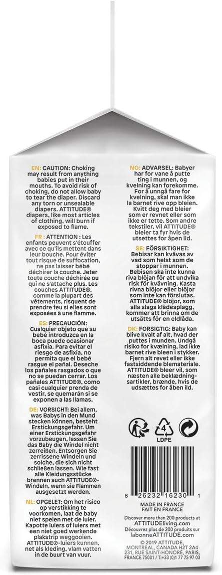 ATTITUDE Natural Diapers, Non-Toxic, Eco-Friendly, Safe for Sensitive Skin, Chlorine-Free, Leak-Free & Biodegradable Baby Diapers, Plain White (Unprinted), Size 3 (9-20 lbs), 30 Count (16230)