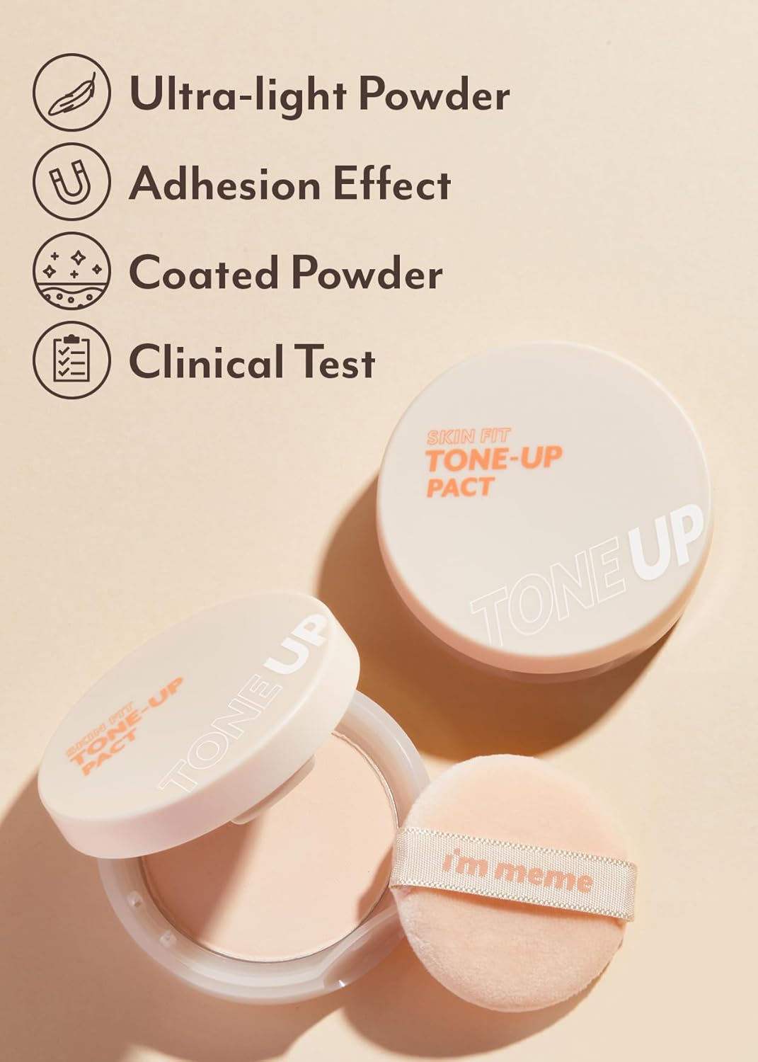 I'M Meme Skin Fit Tone Up Pact | With Puff, Flawless Finish With Aqua Sebum, Soft & Velvet Pressed Powder Compact, Smooth Pores & Fine Lines, Korean Makeup, 0.35 Oz