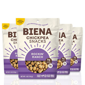 Biena Crispy Roasted Chickpea Snacks, Rockin’ Ranch, High Protein Snacks, High Fiber Snacks, Gluten Free, Plant-Based, Non-Gmo, Healthy Snacks For Adults And Kids, 4-Pack 5 Ounce Bags