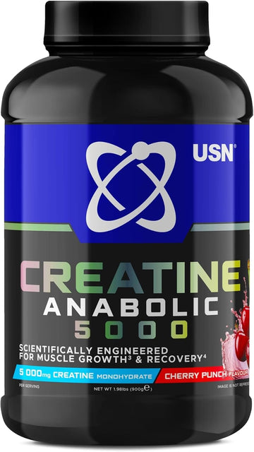 Usn Creatine Anabolic 5000 β All-In-One Muscle Growth & Recovery Powder, 5000Mg Creatine Monohydrate + 3000Mg Bcaas, Low Sugar, Cherry Punch Flavour, 900G (30 Servings) - New Formula