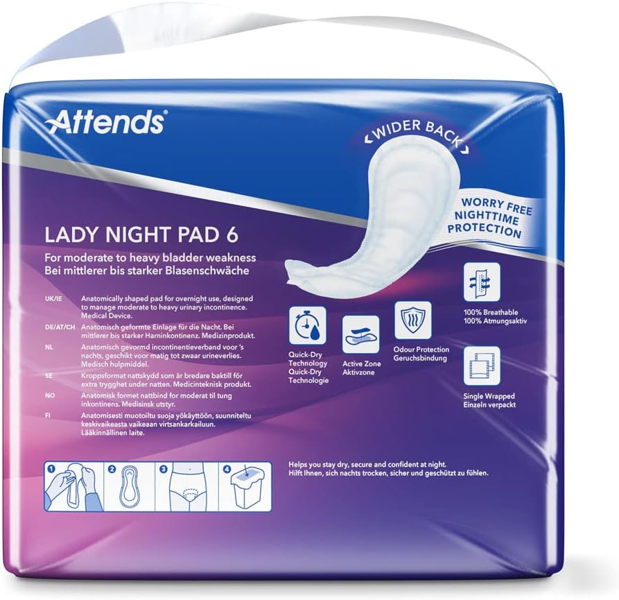 Attends Lady Night Pad 6 (1 X 30 Pieces) - Night Time Liners - Suitable For Moderate To Severe Urinary Incontinence - 100% Breathable - Odour Protection - Designed For Women