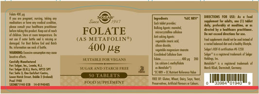 Solgar Folate (As Metafolin®) 400 µg Tablets - Food Supplement - Pack Of 50 - Supports Blood Formation - Helps Reduce Tiredness And Fatigue - Wellbeing For Men And Women - Vegan