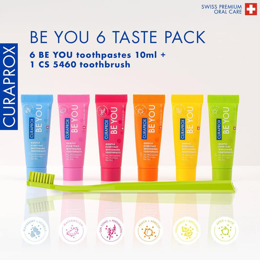 Curaprox Be You Six-Taste-Pack - Mini Travel Size Toothpaste And Toothbrush Kit