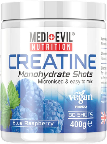 Medi-Evil Nutrition Creatine Monohydrate Shots Powder Vegan Friendly, Green Apple Flavour, 400G, 80 Servings, Micronised For Easy Mixing (Pack Of 1 Tub)