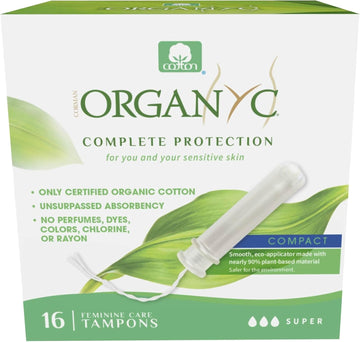 Organyc 100% Certified Organic Cotton Tampons, Plant-Based Eco-Applicator, Super Flow, 16 Count