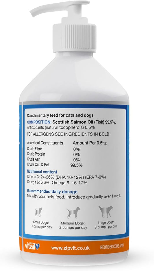 Zipvit Salmon Oil For Dogs 1 Litre, 100% Pure Scottish Salmon Oil. Natural Omega 3, 6 & 9 Supplement For Dogs And Cats. Supports Healthy Coat And Skin And Maintains Joint And Brain Health