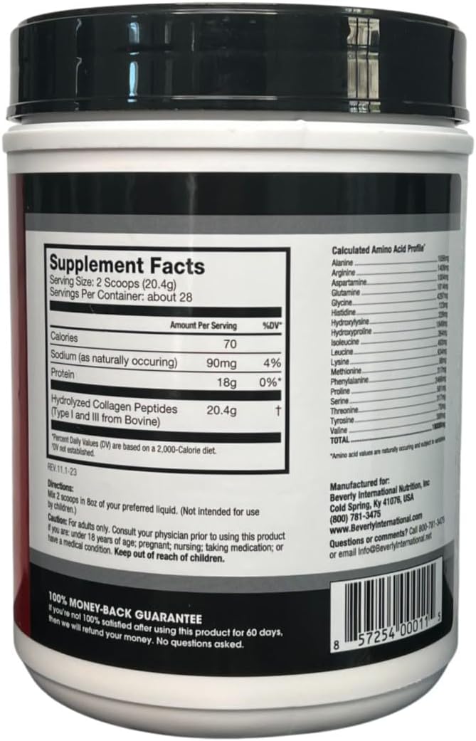 Beverly International Collagen Peptides Protein Powder. Youthful appearance- Skin, Hair, Nails, Bones and Joint Health. Easy to Use, Highly Absorbable. 18 grams of Protein, Unflavored 20 oz. : Health & Household