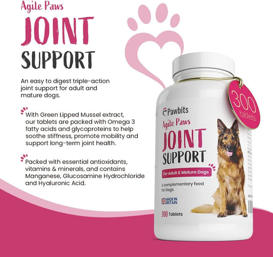 Pawbits 300 Adult Senior Dog Hip & Joint Supplements For Older Mature Dogs. High Strength Green Lipped Mussel Supplement For Elderly Dogs With Stiff Joints - Glucosamine, Vitamin C & E