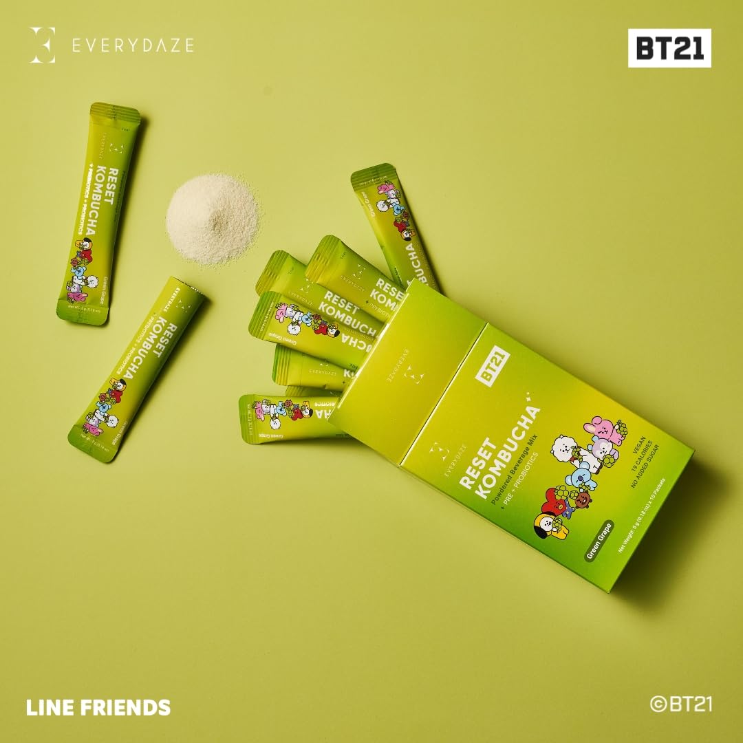 Everydaze Bt21 Reset Kombucha Tea Powdered Beverage Mix | 10 Sticks | Prebiotics + Probiotics | Vegan | No Added Sugar, Gluten Free, Sparkling Powder Drink Pack (Green Grape)