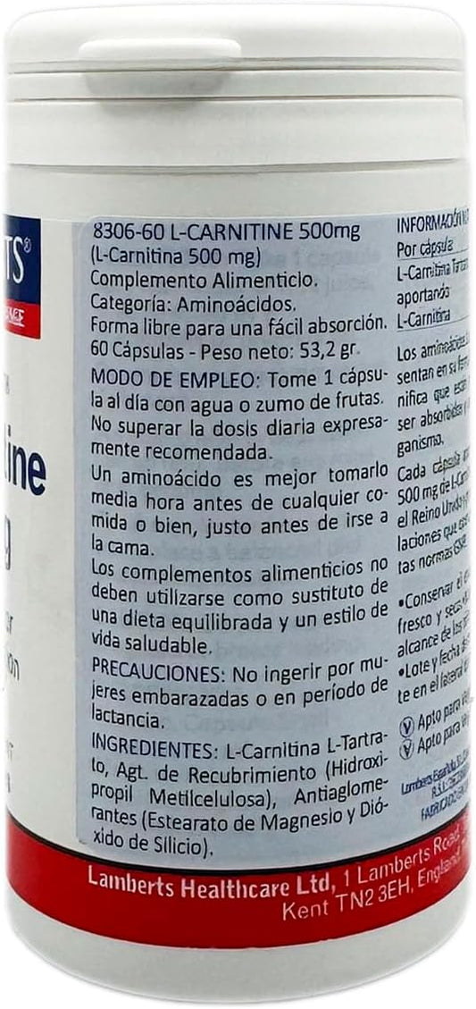 Lamberts L-Carnitine 500Mg 60 Capsules – Pure Free-Form Carnitine – As L-Carnitine L-Tartrate – Vegan