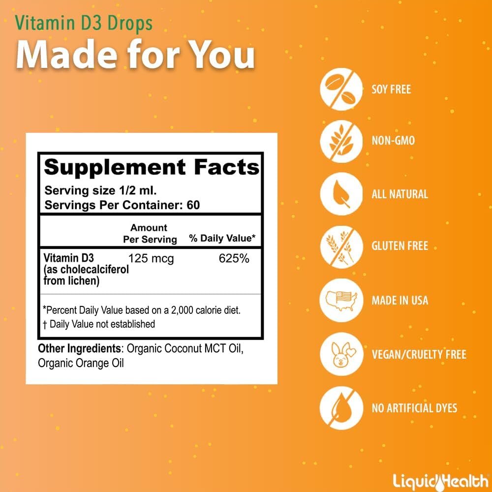 LIQUIDHEALTH Liquid Vitamin D3 5000 IU, Vitamin D Liquid Drops, Adults & Kids, D3 Vitamin D Drops, for Immune Support, Bone Health, Mood Support - 1 Oz : Health & Household