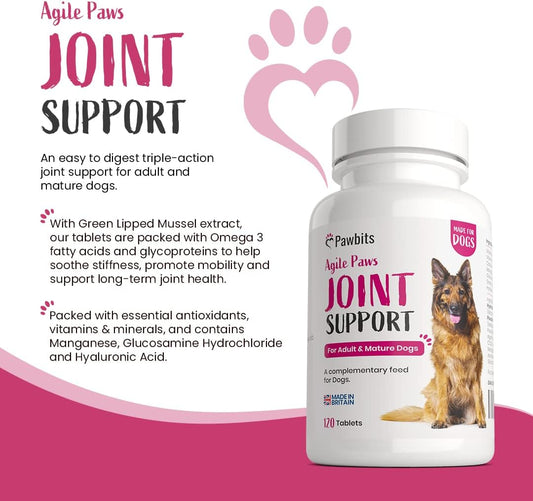 Pawbits 120 Adult Senior Dog Hip & Joint Supplements For Older Mature Dogs. High Strength Green Lipped Mussel Supplement For Elderly Dogs With Stiff Joints - Glucosamine, Vitamin C & E