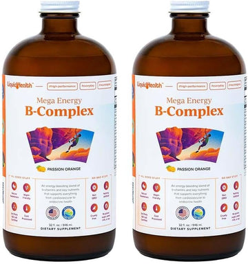 Liquidhealth Mega Energy Methylated B-Complex, Adult Liquid Vitamin Supplement - Increase Energy, Relieve Stress & Fatigue, Immune System Support, Heart & Gut Health - Vegan, Sugar-Free (2 Pack)