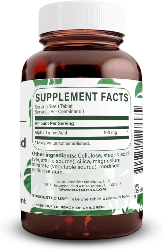 Natural Nutra R-Alpha Lipoic Acid, Improve Bone And Heart Health, Aid Memory, Improve Nerve Function Contributes To Overall Health, Gluten Free 100 Mg, 60 Vegan And Vegetarian Tablets