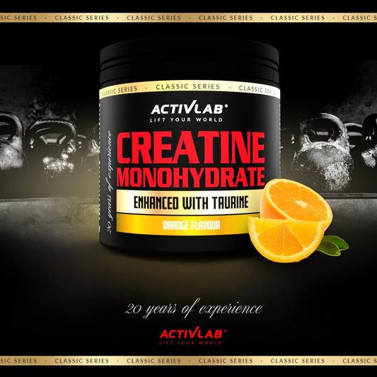 Activlab Creatine Monohydrate | Jar 300G | 50 Servings | Orange Flavor | Contains Taurine | Increasing Strength | Powder | 3X Lab Tested