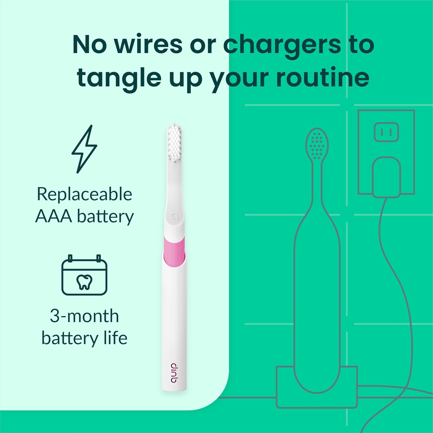 Quip Sonic Toothbrush For Adults With Timer - Includes Extra Brush Head And Travel Cover Mount - Electric, Soft Bristle Refill Head, Plastic Handle, 3 Month Battery Life - Travel Toothbrush - Green : Health & Household