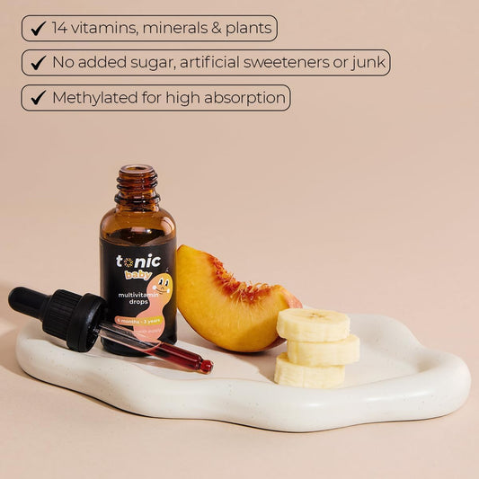 Tonic Health Baby Multivitamin Drops - 14 Baby Vitamins A, C, D, Minerals, And Plants - No Sugar/Preservatives - Kids Vitamins 6 To 36 Mos For Growth And Development, Peach And Banana 30Ml (Pack Of 1)