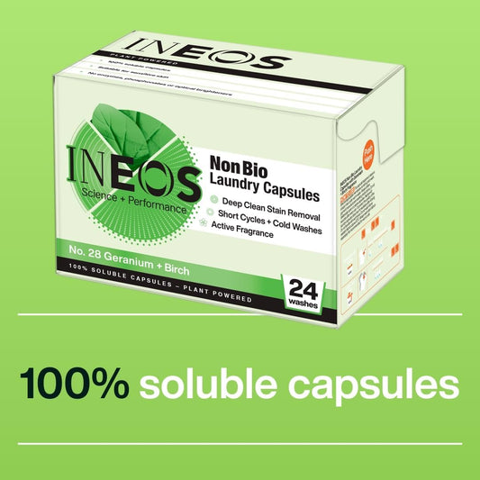 Ineos Non Bio Laundry Washing Capsules, 24 Washes, High Performance Stain Remover For Clothes, Plant Powered, Soluble Capsules, For Sensitive Skin, Rhubarb + Pomegranate