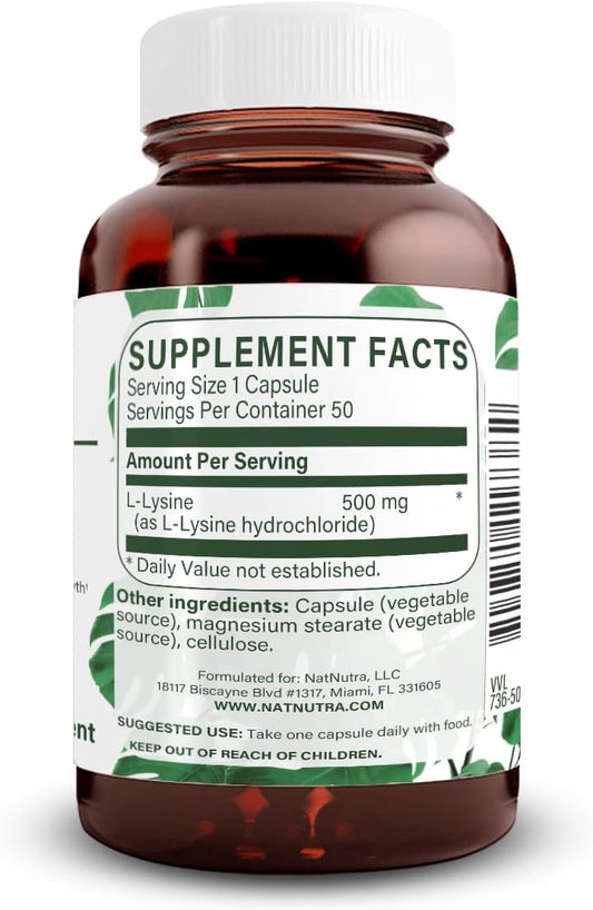 Natural Nutra L Lysine Hcl, Promotes Bone Health And Growth, Helps Built Collagen, Improve Calcium Absorption, Non-Gmo, Vegan, 500 Mg, 50 Capsules