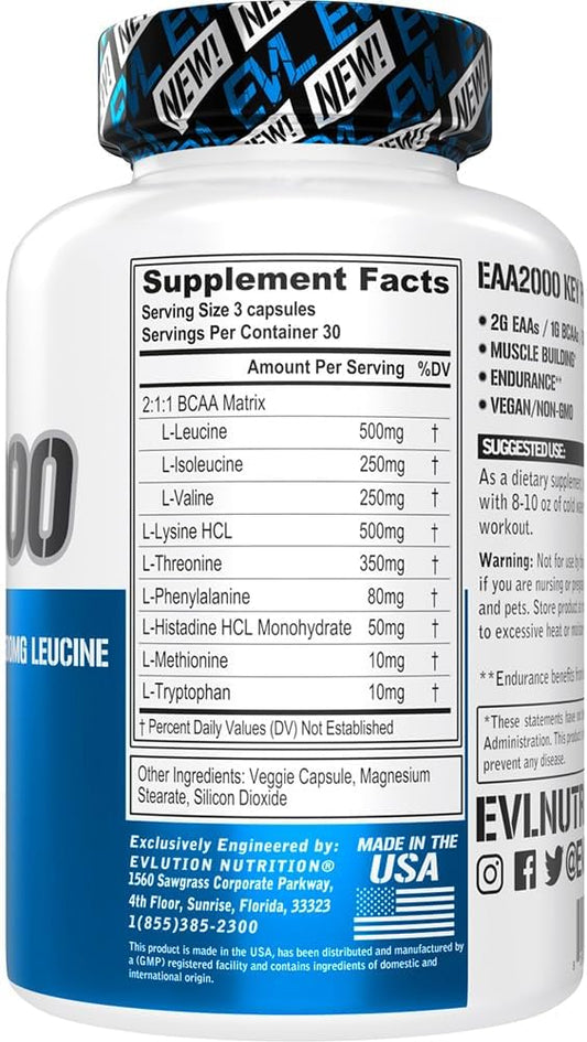 Evlution Nutrition Eaa2000 - Pre & Post Workout Capsules - Muscle Building + Recovery Supplement - 2G Essential Amino Acids + 1G Bcaas - Endurance + Energy Support - 30 Servings