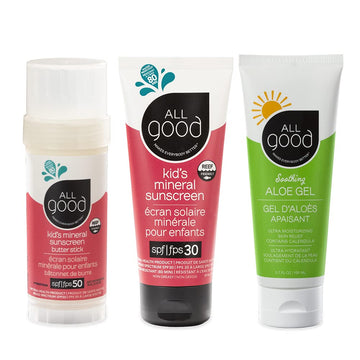 All Good Kids & Baby Mineral Sunscreen & Aloe Gel Bundle - Uva/Uvb Broad Spectrum, Water Resistant, Zinc Oxide - Includes (1) Spf 50 Butter Stick, (1) Spf 30 Lotion, & (1) Aloe Gel