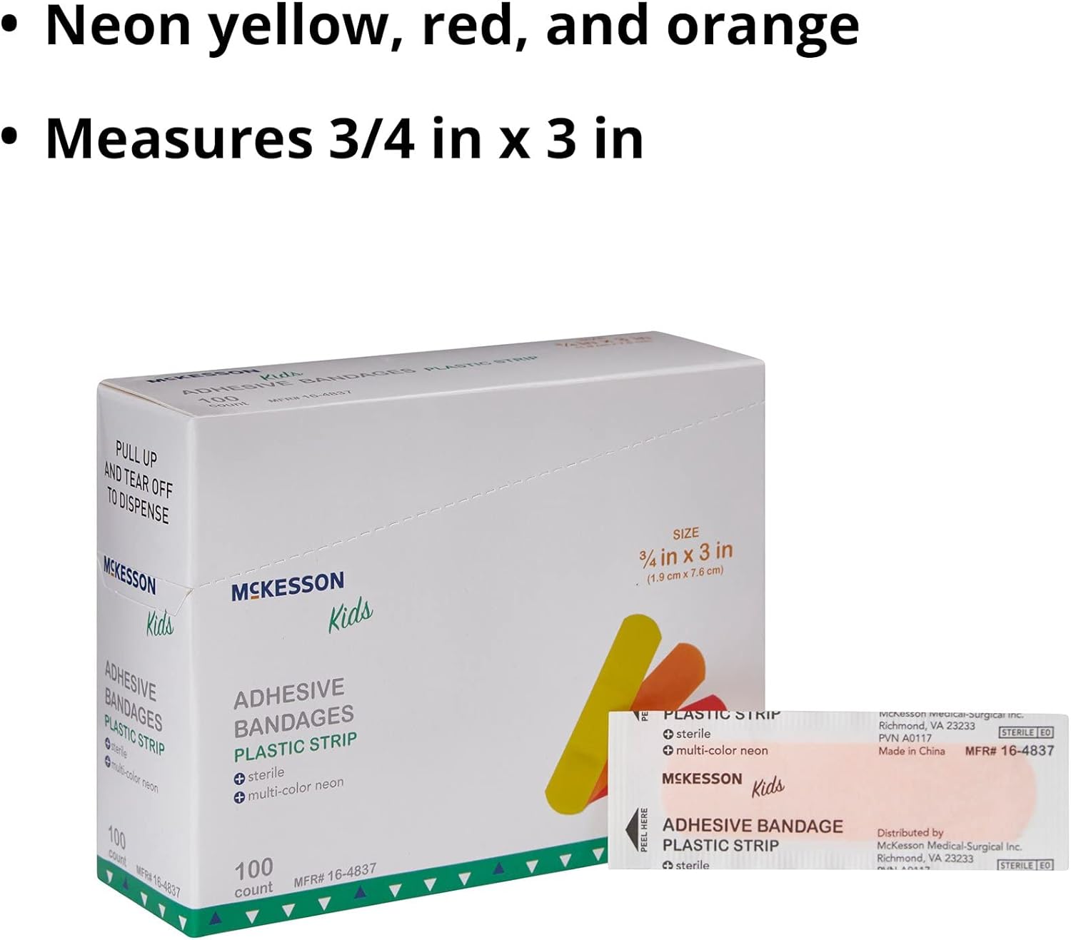 McKesson Kids Adhesive Bandages, Sterile, Plastic Strip, Neon, 3/4 in x 3 in, 100 Count, 24 Packs, 2400 Total