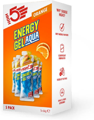 High5 Energy Gels Aqua - Quick Release Sports Gels To Power Muscles For Peak Performance - Natural Fruit Juice & Caffeine-Free - Fast Energy Boost For Running, Cycling, Endurance (Orange, 5 X 66G)