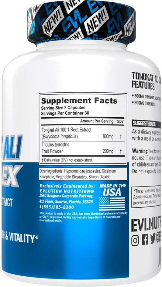 Evlution Nutrition Tongkat Ali - MenS Health + Vitality Supplement - 800Mg Tongkat Ali + 200Mg Tribulus - Performance Support - Vegan + Gluten Free Capsules - 30 Servings