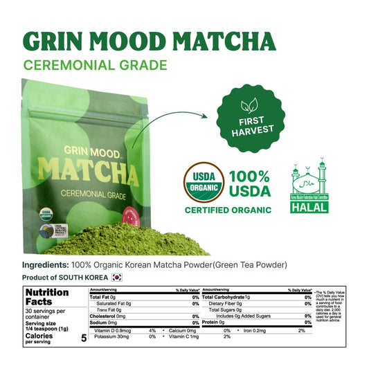 Grin Mood Matcha Organic Ceremonial Green Tea Powder(2.12Oz) - Decaffeinated First Harvest Green Tea, Authentic Korean Matcha, Halal, Eco-Friendly Recyclable Package
