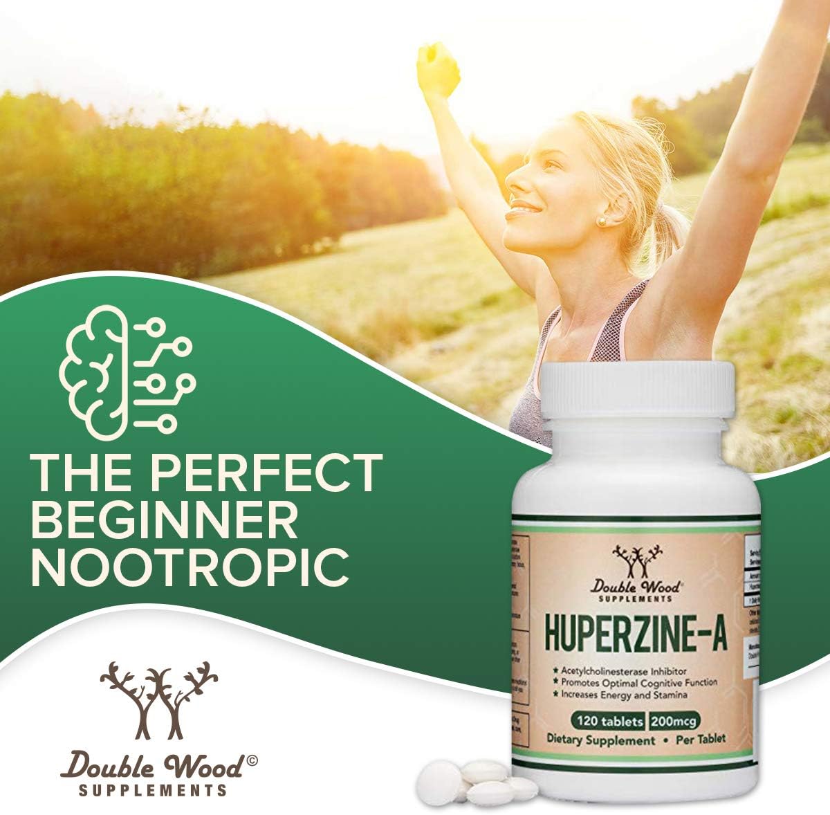 Huperzine A 200mcg (Third Party Tested) Non-GMO, Gluten Free, 120 Tablets, Brain Supplement to Promote Acetylcholine (Acetylcholinesterase Inhibitor) - Supports Memory and Focus by Double Wood : Health & Household
