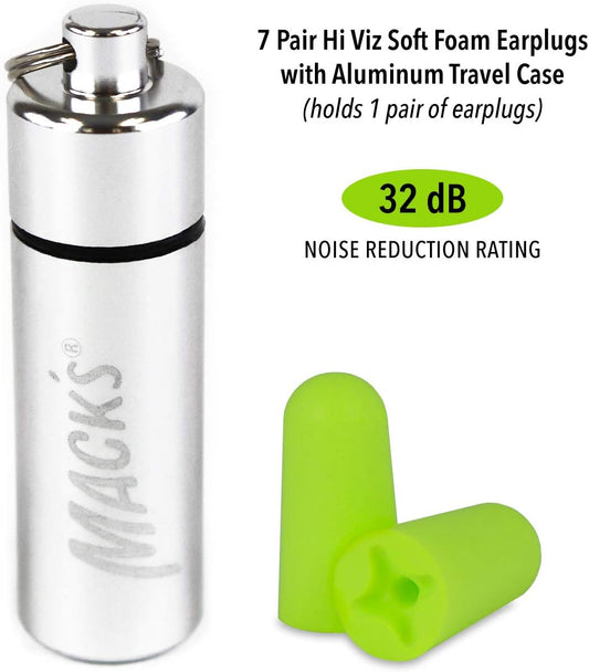 Mack'S Hi Viz Soft Foam Earplugs, 7 Pair With Travel Case - Most Visible Color, Easy Compliance Checks, 32Db High Nrr - Comfortable, Safe Ear Plugs For Shop Work, Industrial Use And Motor Sports