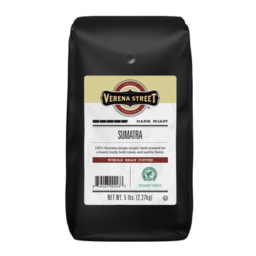 Verena Street 5 Pound Whole Bean Coffee, Dark Roast, 100% Sumatra Single Origin, Rainforest Alliance Certified Arabica Coffee