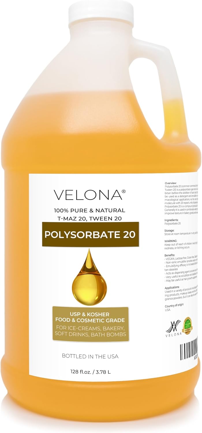 Polysorbate 20 by Velona - 1 Gallon / 128 Fl Oz | Solubilizer, Food & Cosmetic Grade | All Natural for Cooking, Skin Care and Bath Bombs | Use Today - Enjoy Results : Beauty & Personal Care