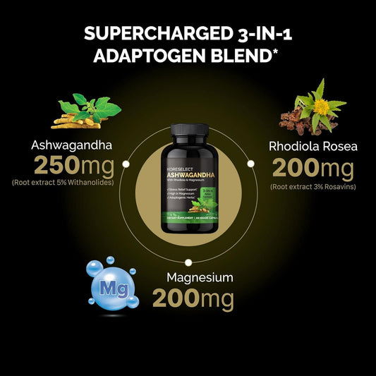 Ashwagandha 250Mg Capsules With Magnesium & Rhodiola Rosea - 5% Withanolides, Natural Mood Suport, Adaptogens Supplement, Boost Energy & Focus - Vegan 60 Caps