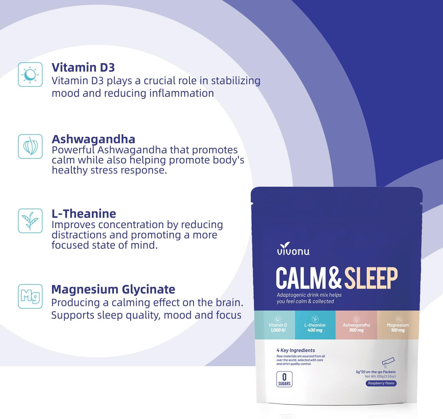 Calm & Sleep Powdered Drink Mix Raspberry L Theanine Ksm-66 Ashwagandha Magnesium Glycinate Vitamin D 3 Supplements For Relaxation & Focus No Sugar Non Gmo