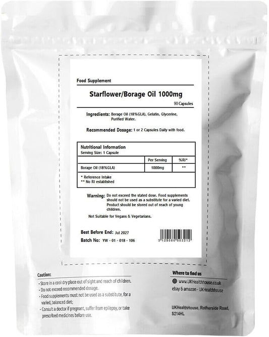 UKHealthHouse Starflower Oil – Borage Oil Capsules, 1000mg x 90 Capsules – 18% GLA Content – High Strength Omega 6 – Great for Skin, Digestion, Headaches, Women’s Health & More – 147.8g