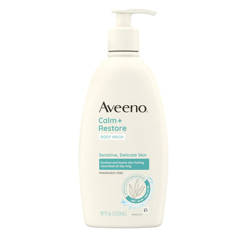 Aveeno Calm + Restore Daily Body Wash For Sensitive, Delicate Skin, Gentle Cleanser With Oat, Aloe & Pro-Vitamin B5 Soothes & Leaves Skin Feeling Nourished, Fragrance Free, 18 Fl. Oz