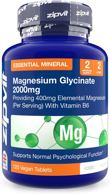 Zipvit Magnesium Glycinate 2000Mg With 400Mg Elemental, Plus Vitamin B6, 120 Vegan Tablets, High Strength Magnesium Supplements